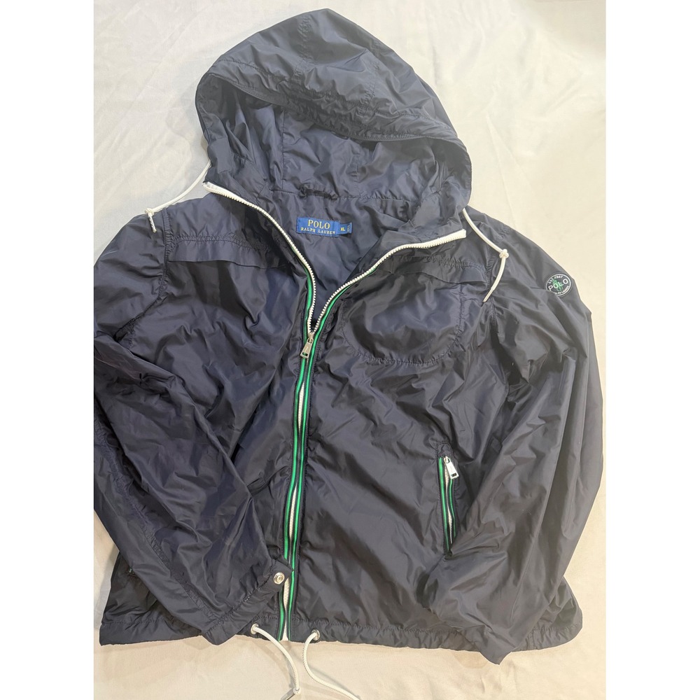 Polo Ralph Lauren Mens XL Navy Blue Hooded Nylon Windbreaker Jacket Logo Patch